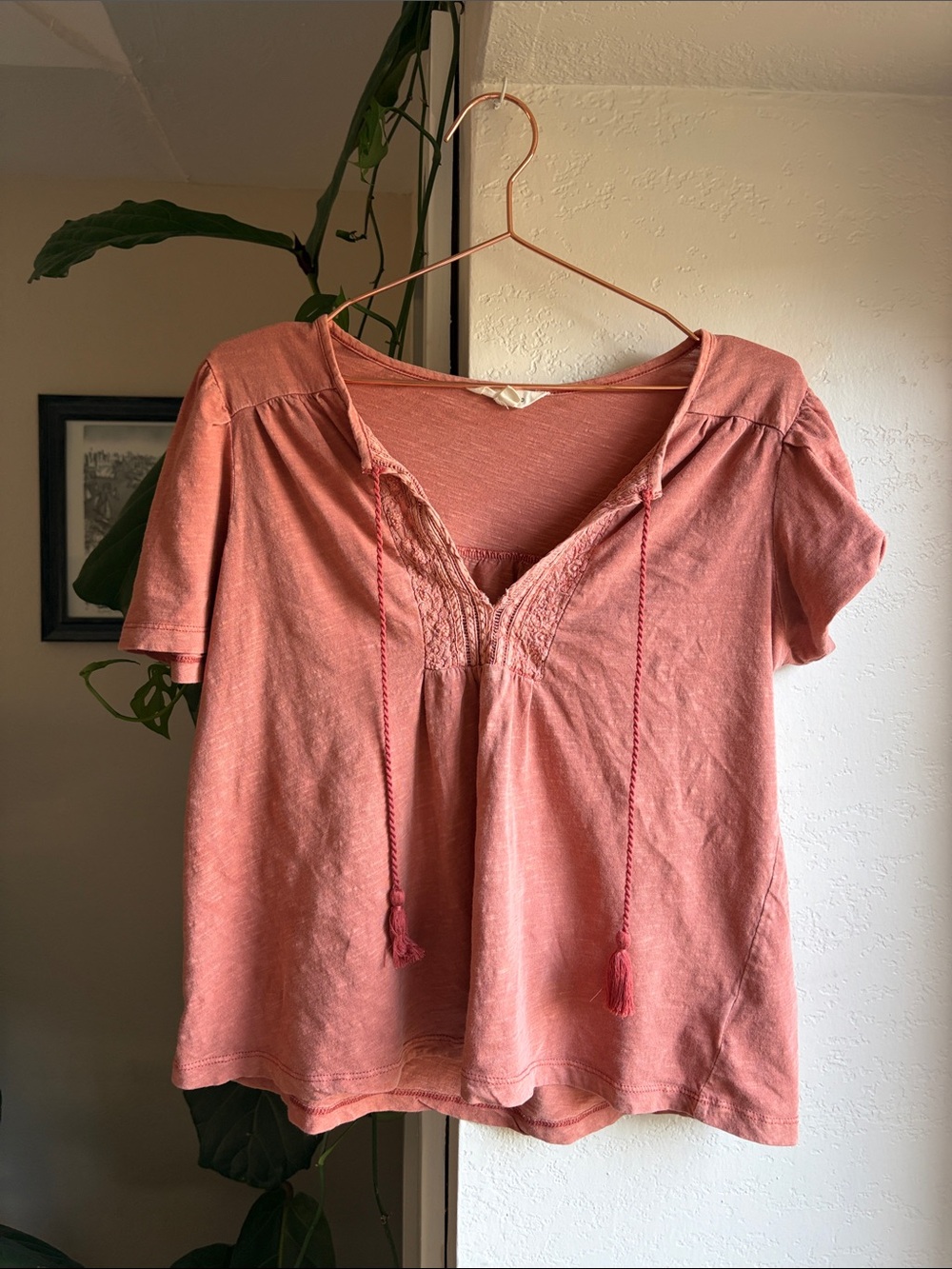 Lucky Brand Coral Pink Short-Sleeve Peasant Top with Tie